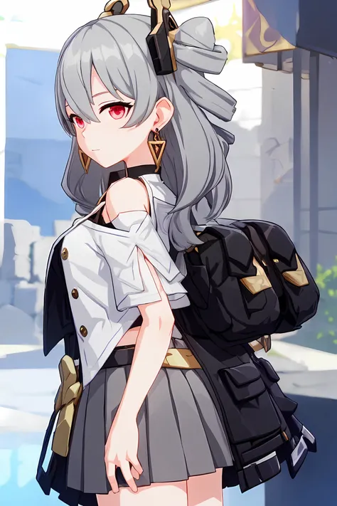 ph_Prometheus, Prometheusds, 1girl, solo, bangs, jewelry, earrings, drill hair, twin drills, grey hair, closed mouth, red eyes, hair between eyes, skirt, bare shoulders, grey skirt, hair ornament, jacket, pleated skirt, short sleeves, long hair, shirt, vest, small breasts, belt, black shirt, breasts, open clothes, white jacket, medium hair, <lora:bp-5_0.8+bp-2-000006_0.2:0.8>,(masterpiece:1.6, best quality), (finely detailed beautiful eyes: 1.2), ultra-detailed, illustration,beautiful detailed eyes, (looking at viewer:1.2), close up, (breast focus), (arms behind back:1.2), (from behind:1.1), (off shoulder:1.1), (full_body)