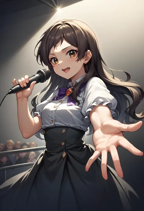 score_9, score_8_up, score_7_up, score_6_up, score_5_up, score_4_up, BREAK source_anime,
masterpiece, best quality, ultra detailed, perfect face, detailed face, detailed background, complex background,
idol costume, (idol:1.3), black costume, stage, singing, holding microphone, dutch angle, spotlight, light beam, cowboy shot, beckoning, reaching towards viewer, indoors,
KitazawaShiho, long hair <lora:ChamKitazawaShihoPonyXL:1> <lora:Beckoning_XLPD:1>