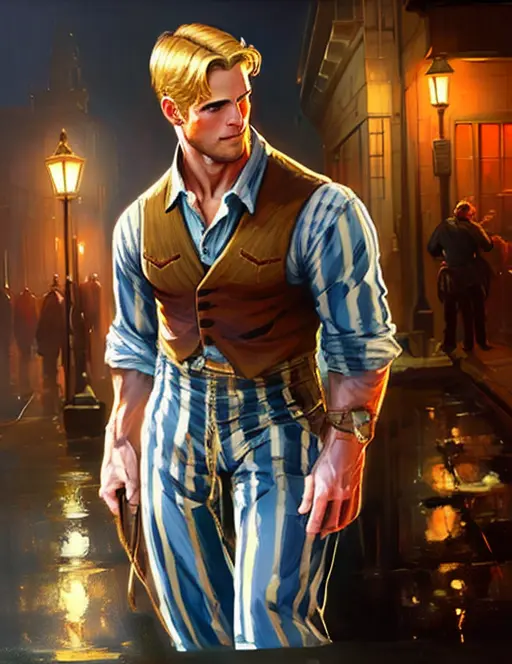 ((extremely detailed digital art)), ((cowboy shot)), handsome man, solo, 1guy, CodyTravers, (blonde hair), stripes jumpsuit, (jail clothes), smirking, (jail), (jailbird), male features, <lora:CodyTravers:1>, ((detailed face)), detailed eyes, perfect eyes, ((smooth)), (sharp focus), (4k), high quality, ((ambient lighting)), elaborate design, ((oil painting)), ((detailed illustration)), absurdres, trending on artstation, concept art, oil painting by greg rutkowski, by Ed Blinkey, Atey Ghailan, Studio Ghibli, by Jeremy Mann, Greg Manchess, Antonio Moro, masterpiece, detailed face, nightclub background, ((perfect composition))