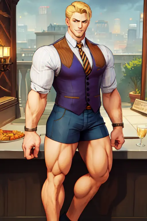 masterpiece, best quality, handsome man, perfect face, detailed face, beautiful male, solo, CodyTravers, (mayor:1.4), business clothes, vest, tie, short, social pants, fancy, smiling, charming, (slick hair), serious, crossed armss, handsome, 1guy, fancy restaurant, <hypernet:samdoesartsHypernetwork_v422500Steps:0.08> , male features, <lora:CodyTravers:1> style-empire