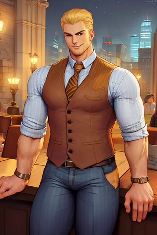 masterpiece, best quality, detailed face, handsome man, solo, CodyTravers, (mayor:1.4), business clothes, vest, tie, social pants, fancy, smiling, charming, (slick hair), serious, crossed armss, handsome, 1guy, fancy restaurant, <hypernet:samdoesartsHypernetwork_v422500Steps:0.08> ,  male features, <lora:CodyTravers:1>  style-empire, cinematic lighting, contrast