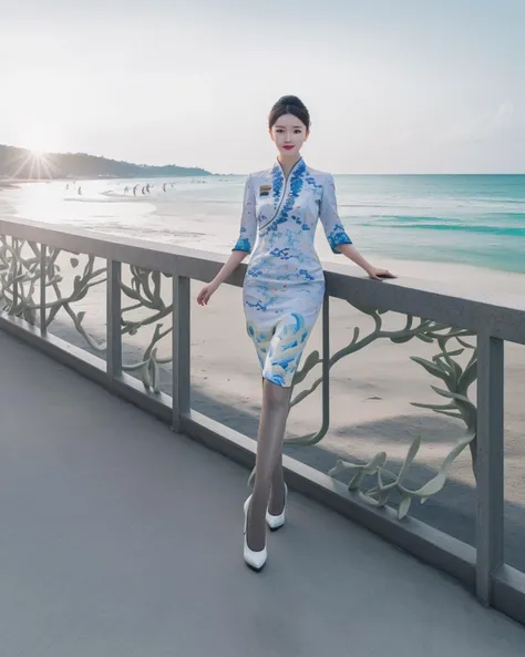 best quality, masterpiece, real,realistic, photo,photorealistic,looking at viewer,
hna uniform, 1girl, solo, an extremely delicate and beautiful girl,white uniform,floral print,indoors, pantyhose, high heels,
outdoors, beach, sea,sun,sunlight,
<lora:hna uniform_0805v1_06:0.8><lora:ChineseDollLikenessV3.0:0.4:FACEA>
