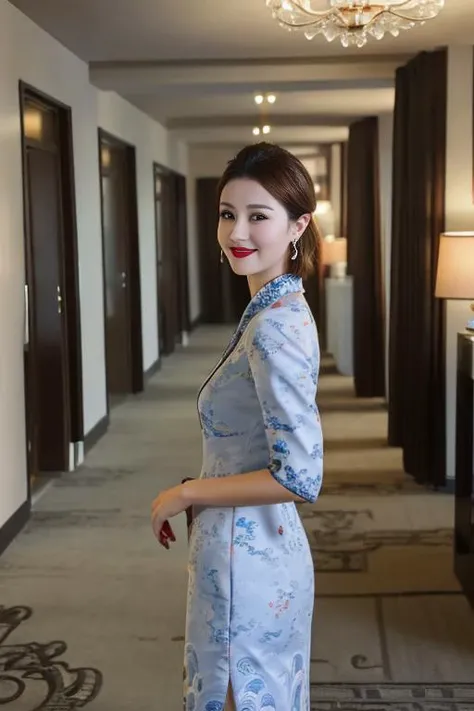 best quality, masterpiece, real,realistic, photo,photorealistic,
hna uniform, 1girl, solo, brown hair, earrings, jewelry, brown eyes, short hair, red lips, makeup, lipstick, looking at viewer, indoors, standing, cowboy shot, lips, realistic, smile, closed mouth, hotel corridor,
<lora:hna uniform_0805v1_06:0.8> <lora:MengX girl_Mix_v30:0.4>