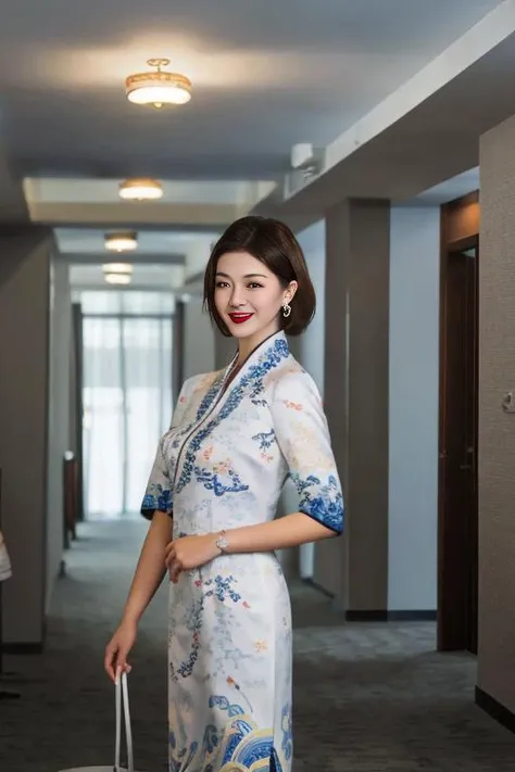 best quality, masterpiece, real,realistic, photo,photorealistic,
hna uniform, 1girl, solo, brown hair, earrings, jewelry, brown eyes, short hair, red lips, makeup, lipstick, looking at viewer, indoors, standing, cowboy shot, lips, realistic, smile, closed mouth, hotel corridor,
<lora:hna uniform_0805v1_06:0.8> <lora:MengX girl_Mix_v30:0.4:FACEA>