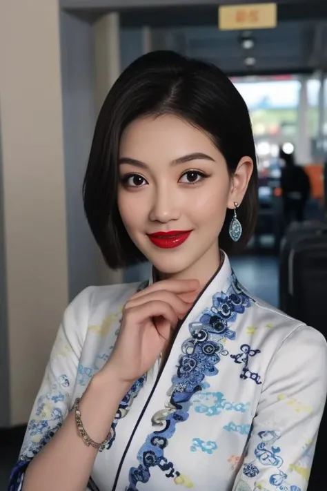 best quality, masterpiece, real,realistic, photo,photorealistic,
hna uniform, 1girl, solo, black hair, looking at viewer, hand on own chin, blurry background, blurry, smile, indoors, red lips, terminal, brown eyes, jewelry, earrings, cowboy shot, short hair, hand up, id card, black eyes, closed mouth, display,
<lora:hna uniform_0805v1_06:0.8> <lora:chinesedolllikeness1:0.2>