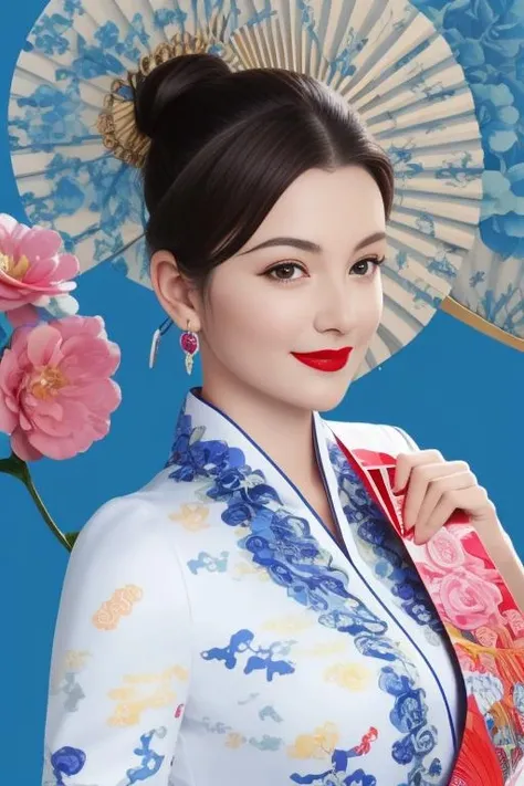 best quality, masterpiece, real,realistic, photo,photorealistic,
hna uniform, 1girl, solo, hand fan, black hair, flower, hair ornament, holding fan, holding, smile, blue background, paper fan, looking at viewer, red lips, jewelry, makeup, earrings, lipstick, black eyes, blue flower, uchiwa, lips, upper body, realistic, hairclip, cowboy shot, hair bun, short hair, single hair bun, floral background,
<lora:hna uniform_0805v1_06:0.8> <lora:chinesedolllikeness1:0.2>