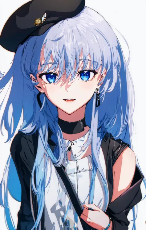 1girl, bangs, beret, black_headwear, blue_eyes, blue_hair, bow, choker, earrings, eyebrows_visible_through_hair, fingernails, hair_between_eyes, hair_ribbon, hat, hoshimachi_suisei, jacket, jewelry, lace, lace_trim, long_hair, long_sleeves, looking_at_viewer, nail_polish, off_shoulder, open_mouth, orange_legwear, ribbon, shirt, simple_background, smile, solo, star_\(symbol\), star_in_eye, virtual_youtuber, white_background <lora:style_YoneyamaMai:1>