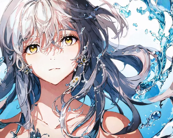 1girl, liquid hair, wind, liquid, water, flower, bangs, bare_shoulders, black_background, close-up, closed_mouth, collarbone, eyebrows_visible_through_hair, eyelashes, floating_hair, hair_between_eyes, long_hair, looking_at_viewer, silver_hair,simple_background, smile, solo, yellow_eyes<lora:style_YoneyamaMai:1>