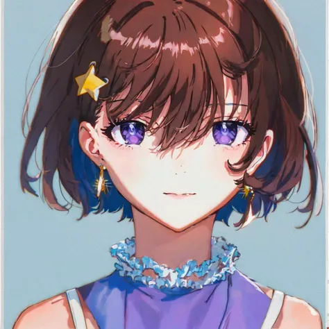 1girl, bandaid, bangs, blue_eyes, brown_hair, chromatic_aberration, closed_mouth, dress, earrings, face, film_grain, hair_between_eyes, hair_ornament, heart_earrings, jewelry, looking_at_viewer, mole, mole_under_eye, purple_eyes, smile, solo, star_earrings, stud_earrings <lora:style_YoneyamaMai:1>