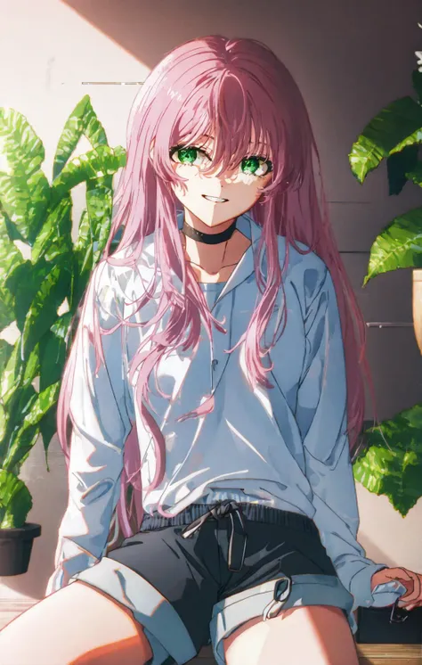 1girl, bangs, bare_legs, blurry, blurry_background, blurry_foreground, bokeh, breasts, pink_hair, choker, chromatic_aberration, depth_of_field, eyebrows_visible_through_hair, film_grain, green_eyes, hair_between_eyes, ichinose_shiki, jewelry, leaf, long_hair, long_sleeves, looking_at_viewer, motion_blur, outdoors, palm_leaf, palm_tree, plant, potted_plant, shirt, shorts, sitting, smile, solo, white_shirt <lora:style_YoneyamaMai:1>