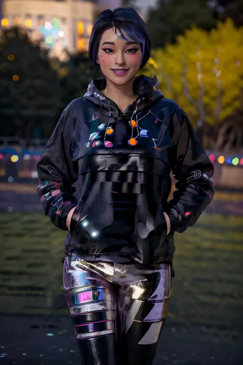 high quality, masterpiece, hdr, woman, sparkle, multicolored hair, make up, wearing a disco pattern anorak, black pants, instagram pose, hands on hips, looking at camera, happy, smiling, outdoors, simple background, evening, <lora:Anorak-0.99_Lora:.9>,<lora:VRAMsSparkle:.8>