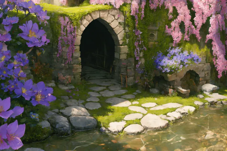 (Masterpiece, Best Quality), highres, (8k resolution wallpaper), dutch angle, FFIXBG, full background, <lora:FFIX-10:0.9>, wide shot, fantasy, landscape, beautiful, outdoors, (details:1.2), water, (no humans), spring \(season\), nature, flowers, sharp focus, shadow, (deep depth of field), volumetric lighting, sunlight, day, extremely detailed background, fantastic, ancient ruins, mysterious