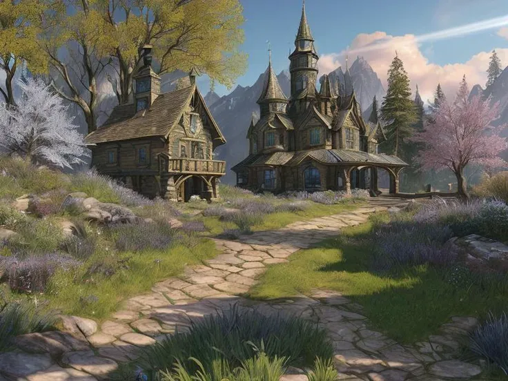 (Masterpiece, best quality:1.3), highly detailed, fantasy, hyperrealistic, best illustration, 8k, ffixbg, dynamic view, cinematic, ultra-detailed, full background, fantasy, illustration, blue sky, forest, tree, path, grass, scenery, ((no humans)), beautiful, (shiny), UHDR, various colors, (details:1.2), bloom:0.4, extremely detailed, shimmer:0.5, colorful, ethereal, dreamy, vanishing line:0.4, amazing composition, (cloud) <lora:FFIX:0.9> FFIXBG, Magic the gathering art, fantasy detailed art