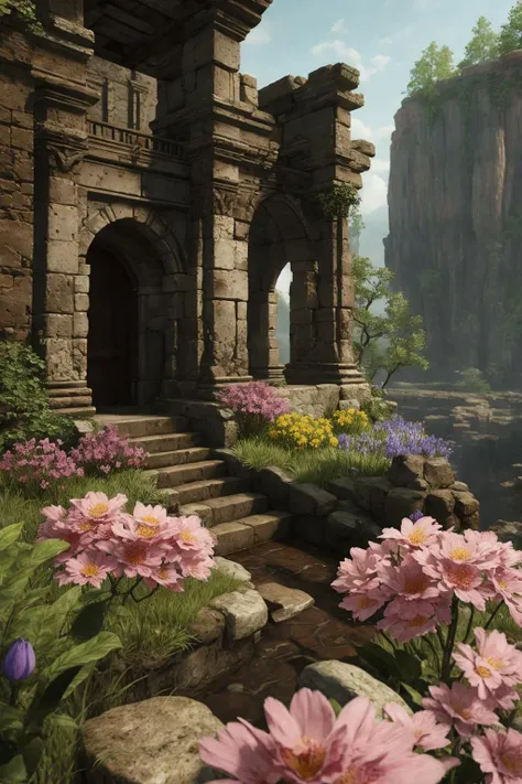 (Masterpiece, Best Quality), highres, (8k resolution wallpaper), dutch angle, FFIXBG, full background, <lora:FFIX-10:0.9>, wide shot, fantasy, landscape, beautiful, outdoors, (details:1.2), water, (no humans), spring \(season\), nature, flowers, sharp focus, shadow, (deep depth of field), volumetric lighting, sunlight, day, extremely detailed background, fantastic, ancient ruins, mysterious