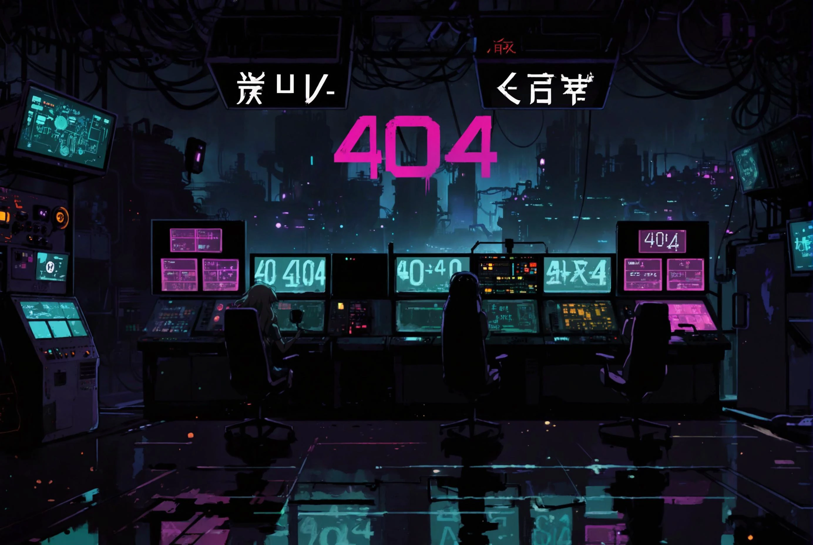 a control room with the text "404" written on a big screen, dark atmosphere, dystopic, factory, (anime art), 2D, colorful, dark atmosphere