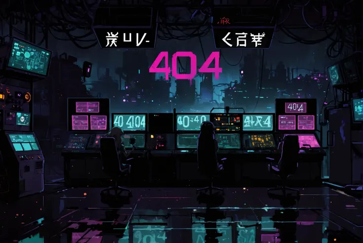 a control room with the text "404" written on a big screen, dark atmosphere, dystopic, factory, (anime art), 2D, colorful, dark atmosphere