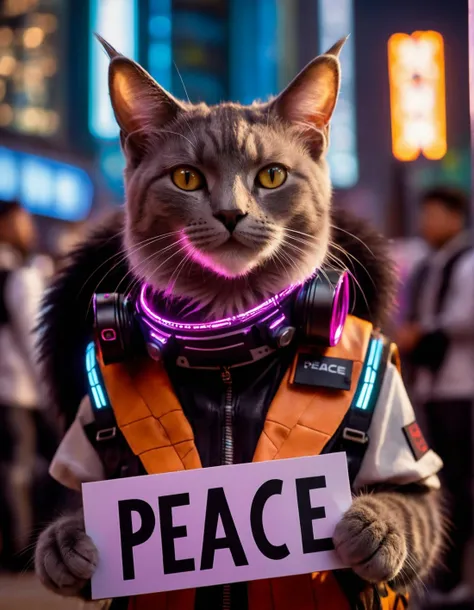 (cat), (cyberpunk outfit:1.2), protest, holding a sign with the text "peace", ((close up:1.1)), high quality photography, 3 point lighting, flash with softbox, 4k, Canon EOS R3, hdr, smooth, sharp focus, high resolution, award winning photo, 80mm, f2.8, bokeh