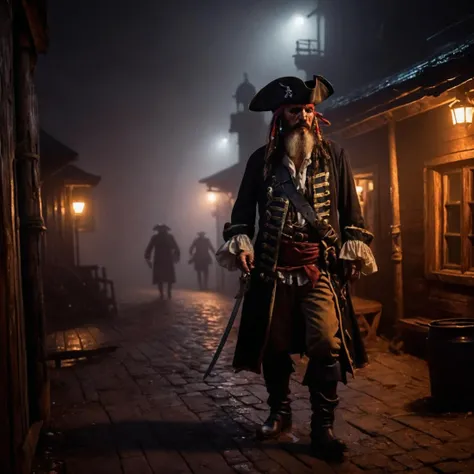 photo of old pirate, fog, dark atmosphere, night, cinematic shot, hard shadows, Fujifilm XT3
