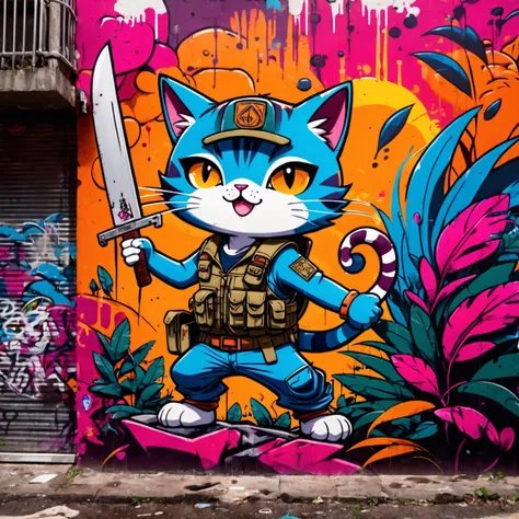 Graffiti style anime style, adventurer cat, dense jungle, holding a machete . Street art, vibrant, urban, detailed, tag, mural