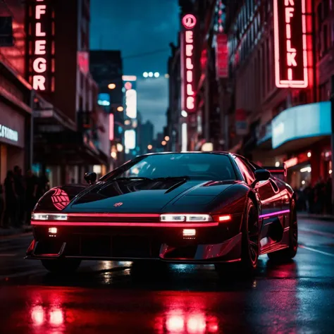 cinematic film still cyberpunk sportscar  riding into a dark neon lighted city, amazing details, masterpiece, high quality photography, 3 point lighting, flash with softbox, 4k, Canon EOS R3, hdr, smooth, sharp focus, high resolution, award winning photo, 80mm, f2.8, bokeh . shallow depth of field, vignette, highly detailed, high budget, bokeh, cinemascope, moody, epic, gorgeous, film grain, grainy, (Highest Quality, 4k, masterpiece, Amazing Details:1.1), film grain, Fujifilm XT3, photography,