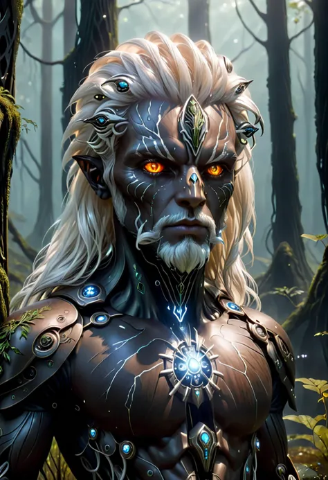 Positive prompt:
Design a captivating sci-fi artwork featuring Dark robot dryad with long white hair and glowing eyes. The character should embody druidmagic and have a druidic theme to their appearance. Set the scene in Morrowind wetlands, showcasing both natural beauty and technological advancements of this alien world. Use hyper-detailed techniques for maximum impact, focusing on advanced civilizations and futuristic themes. Ensure that every aspect of this artwork is ultra-realistic, sharply focused, and rendered in 8K UHD quality using Octane render. Trend this piece on ArtStation by highlighting its unique blend of styles, dimensions, and thematic elements.