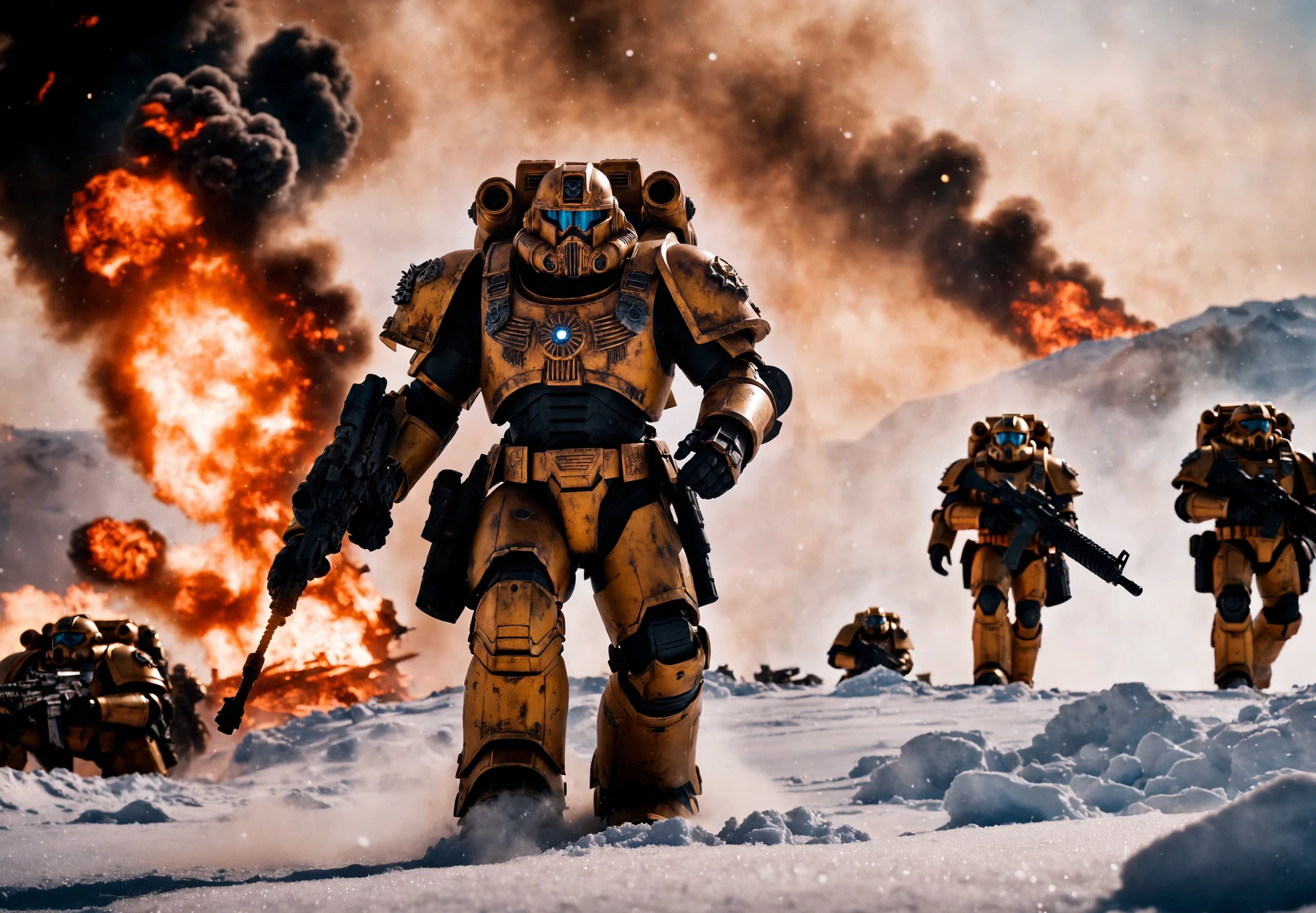 breathtaking cinematic photo ,((best best quality)), ((masterpiece)), ((realistic)), (detailed), cinematic film still, establishing shot, Warhammer 40.000 movie, action sequence on epic desolate planet two Spacemarines on a Burning Battlefiled, in motion, snow city scenery style, blizzard, vibrant colors, sunset, 70mm, canon K35 prime Lense, intricate armor, directed by zack snyder, (masterpiece), absurdres, HDR , futuristic gear . 35mm photograph, film, bokeh, professional, 4k, highly detailed . award-winning, professional, highly detailed