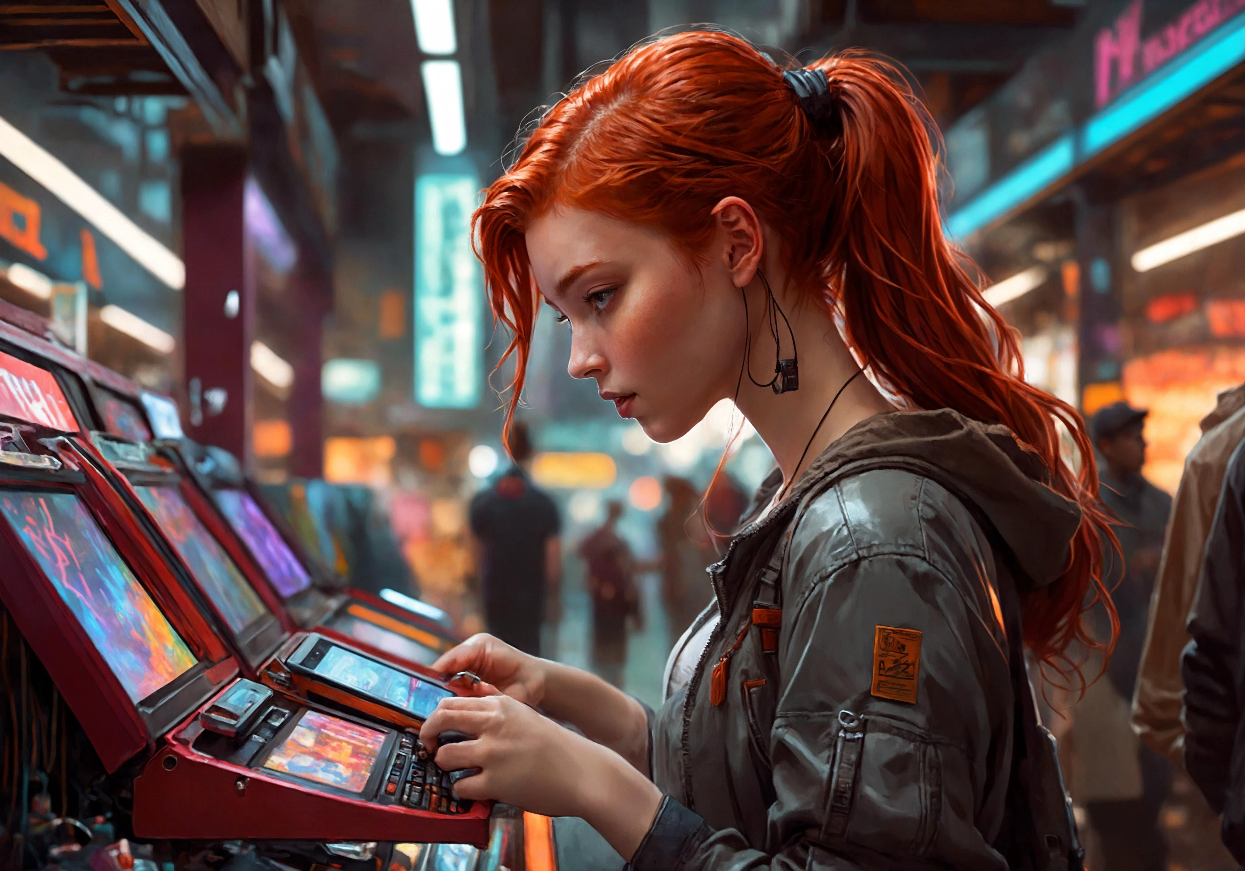redhead ager shopping in a cyberpunk store, concept art, intricate, highly detailed, digital painting, artstation, concept art, smooth, sharp focus, illustration, art by artgerm and greg rutkowski and alphonse mucha