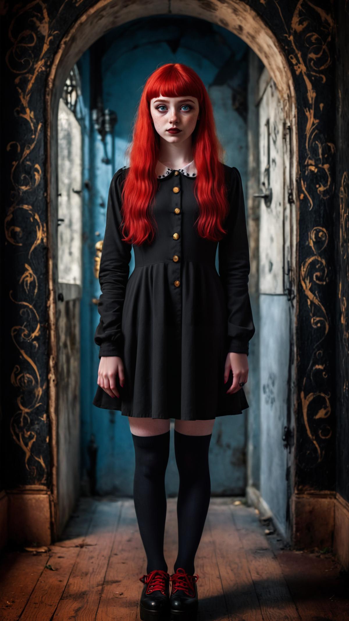 A woman with red hair and black dress standing in a doorway - SeaArt AI