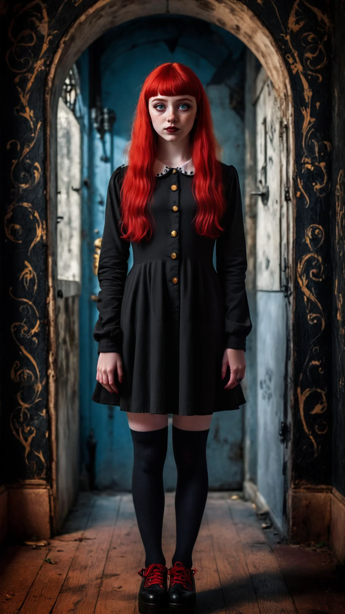 Photograph of a cute Irish goth woman, 20 y.o, (she is looking at the camera:1.4), wide-eyed, very long thick red hair with bangs, pale blue eyes, red lipstick, thick wing eyeliner, Long Sleeve Peter Pan Collar Fit and Flare Skater Dress, (black stockings:1.8), black Mary Jane shoes, in a dimly lit gothic room, red walls, eerie vibe, photography, Olympus OM-1, subject focus, flattering lighting, eye catchlight, (full body shot:2), centered image, symmetrical