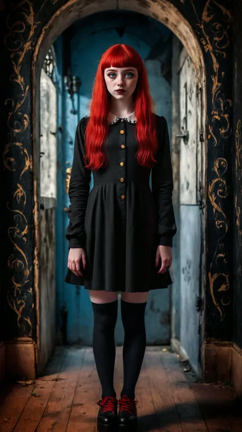 Photograph of a cute Irish goth woman, 20 y.o, (she is looking at the camera:1.4), wide-eyed, very long thick red hair with bangs, pale blue eyes, red lipstick, thick wing eyeliner, Long Sleeve Peter Pan Collar Fit and Flare Skater Dress, (black stockings:1.8), black Mary Jane shoes, in a dimly lit gothic room, red walls, eerie vibe, photography, Olympus OM-1, subject focus, flattering lighting, eye catchlight, (full body shot:2), centered image, symmetrical