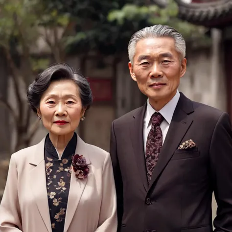 old Chinese couple in modern suit, portrait