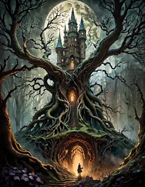 Positive prompt:
Generate a breathtakingly ethereal fantasy concept art featuring the depths of an ancient gnarled tree, with its twisted branches reaching out to embrace a magnificent celestial enchanted fairy castle nestled amongst them, dim eerie light cast by the castle should illuminate both the corrupted tree and its dark surroundings, creating an ominous yet captivating atmosphere. Emphasize the painterly style of Andreas Rocha and H.P. Lovecraft to infuse this artwork with a sense of otherworldliness and mystery. Ensure that every element in this masterpiece is rendered with ultra-realistic high quality and highly detailed textures for maximum realism, making it perfect as cover art or simply an epic piece of fantasy art.