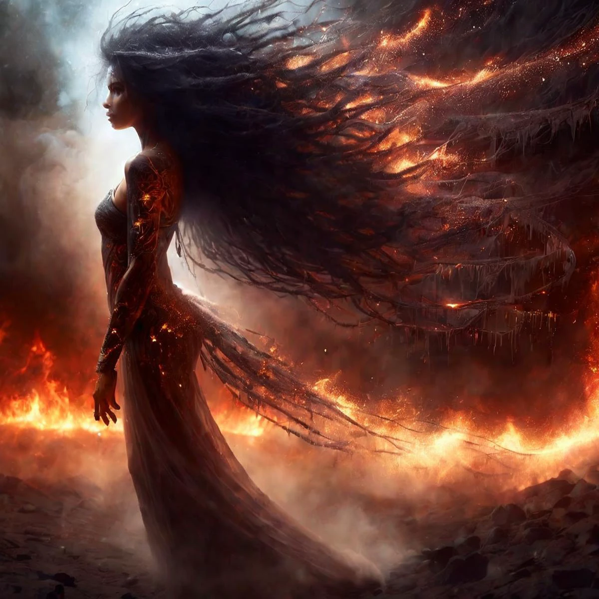 illustration by Bastien L. Deharme, dark fantasy art an image consisting entirely of flying particles of ash and ash depicting a luxury beautiful demoness with burning eyes developing flying long high messy silk hair, she dressed in a air dress completely woven from particles of ash and fire engaged in telekinesis, (her skin is covered with large particles of ash and small particles of fire), angry look, stunning, beautiful, flying particles:1.7, dark shot:1.17, sharp focus, mystery, clear face, <lora:sdxl_lora_dream:1>