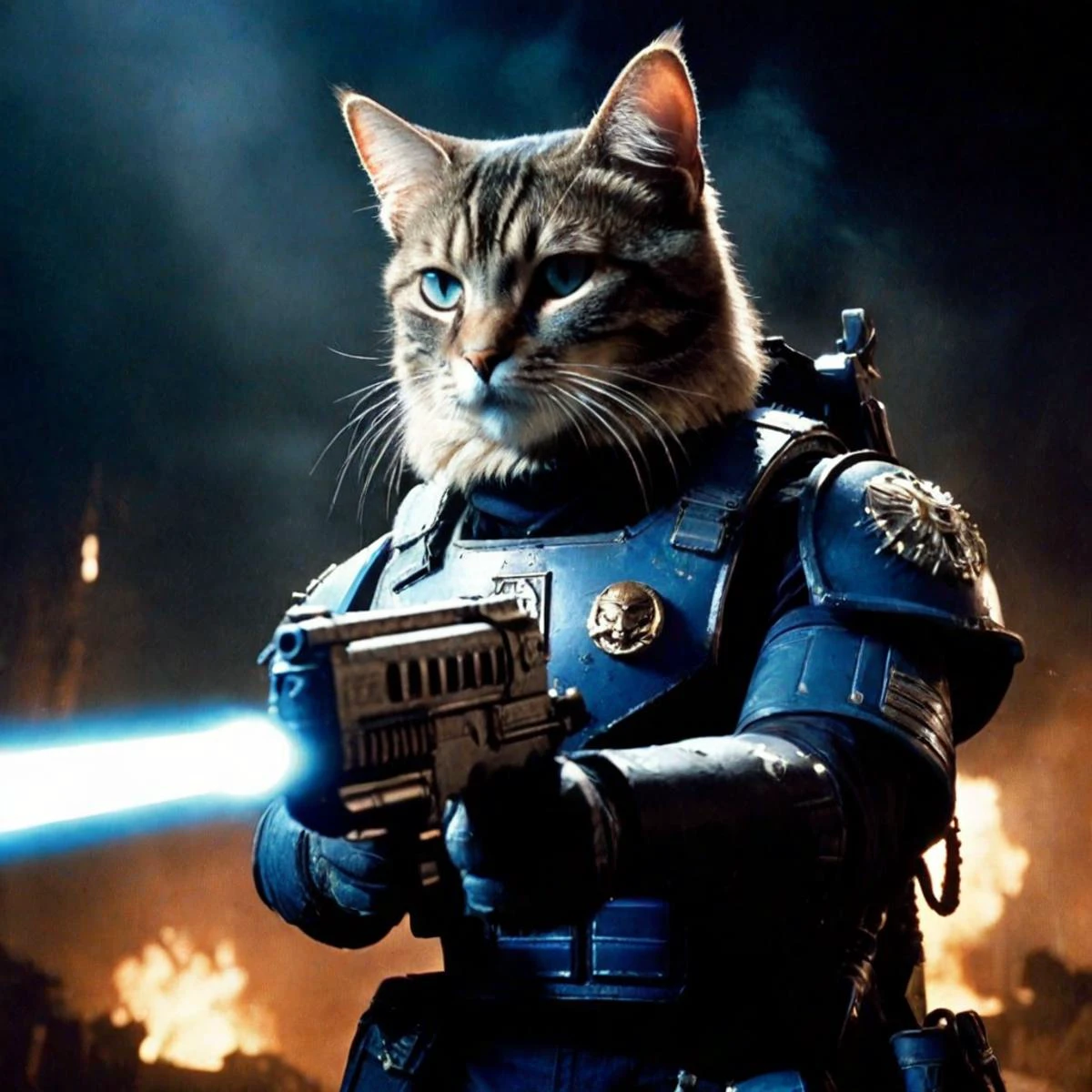 movie still, 80sdarkfantasy, 80smovie, matte painting background, movie by Ridley Scott, warhammer 40 000, grimdark, adeptus Astartes tabby cat, he is wielding a bolter with laser sight, blue tint, film grain