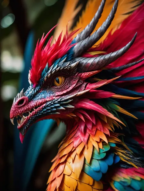 (Highest Quality, 4k, masterpiece, Amazing Details:1.1), a colorful exotic dragon_bird, feathers, film grain, Fujifilm XT3, photography,