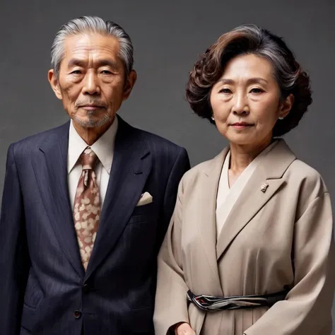 old Japanese couple in modern suit, portrait