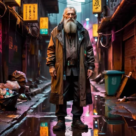 best quality, a old man with long beard, cyberpunk alley, looking at viewer, reflecting puddles, trash, cyberpunk clothes