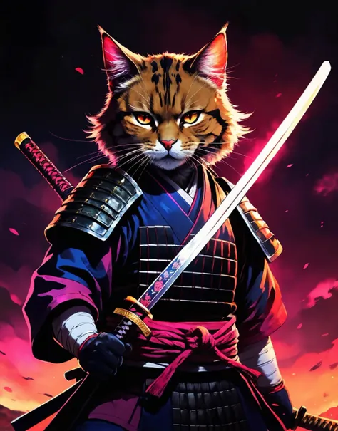 (drawing:1.3),a samurai cat, battlefield, (anime art), 2D, colorful, dark atmosphere