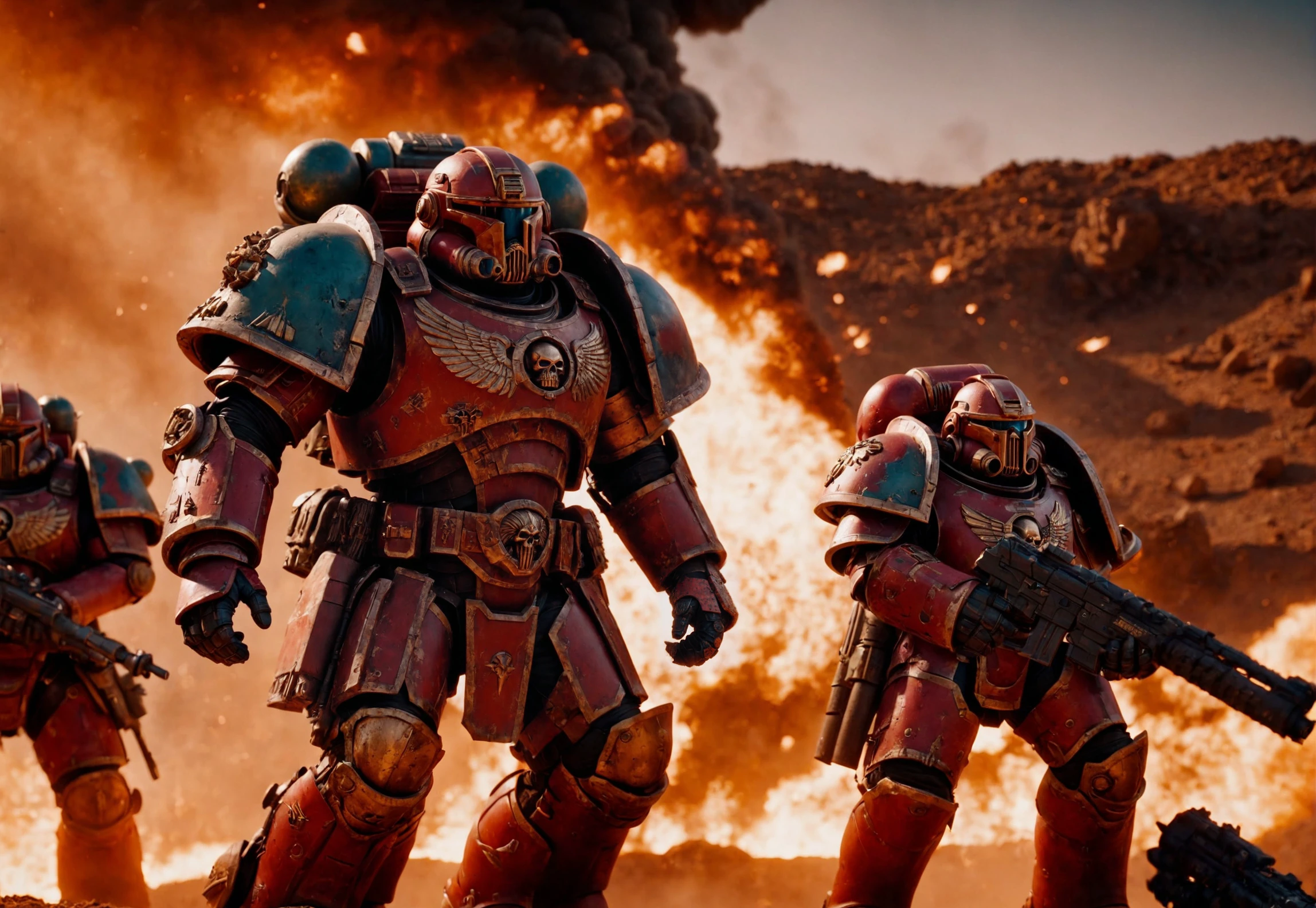 cinematic photo breathtaking ,((best best quality)), ((masterpiece)), ((realistic)), (detailed), cinematic film still, establishing shot, Warhammer 40.000 movie, action sequence on epic desolate planet two Spacemarines Fighting a Orc Horde, in motion, vibrant colors, sunset, 70mm, canon K35 prime Lense, intricate armor, directed by zack snyder, (masterpiece), absurdres, HDR , futuristic gear , subsurface scattering . award-winning, professional, highly detailed . 35mm photograph, film, bokeh, professional, 4k, highly detailed