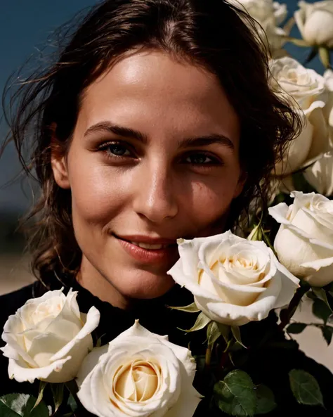 half body shot, photo by Anton Corbijn of a young woman, detailed eyes,sadistic smile, attractive,with a bouquet of white roses, sniffing roses