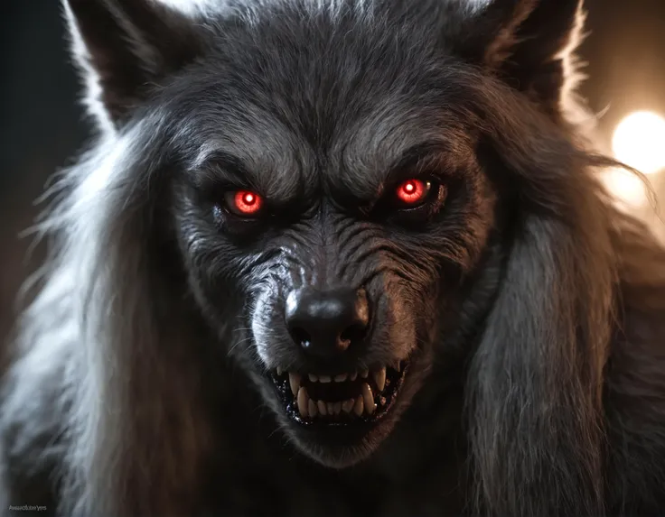 photo,face portrait of a werewolf,female,fur, awardwinning, glowing eyes
