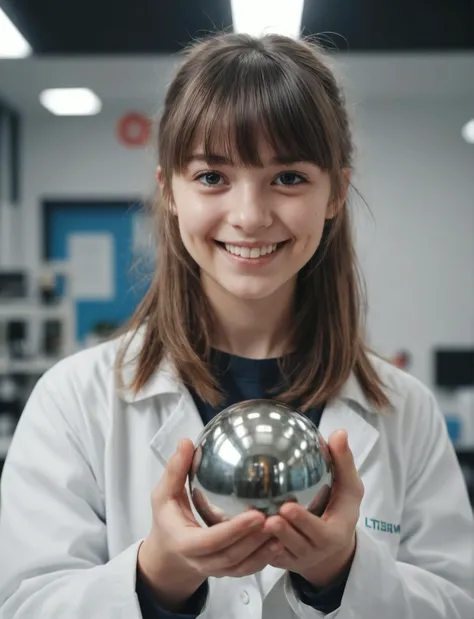photo, a young female scientist, 21 years old, front bangs, holding a metal sphere, smiling, science coat, (Highest Quality, 4k, masterpiece, Amazing Details:1.1), film grain, Fujifilm XT3, photography,