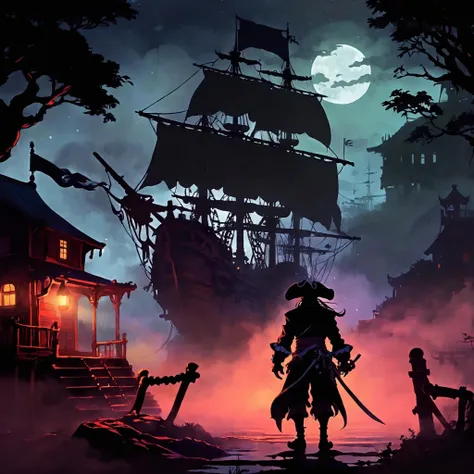 (anime art), 2D, old pirate, fog, dark atmosphere, night, colorful