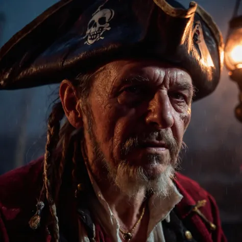 photo of old pirate, fog, dark atmosphere, night, close up, cinematic shot, hard shadows, Fujifilm XT3