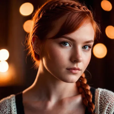 photo of 18 y.o woman, perfect eyes, short red hair, braid, looks at viewer, cinematic shot, hard shadows, Fujifilm XT3, high quality photography, 3 point lighting, flash with softbox, 4k, Canon EOS R3, hdr, smooth, sharp focus, high resolution, award winning photo, 80mm, f2.8, bokeh