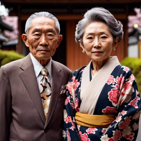 old Japanese couple in modern suit, portrait