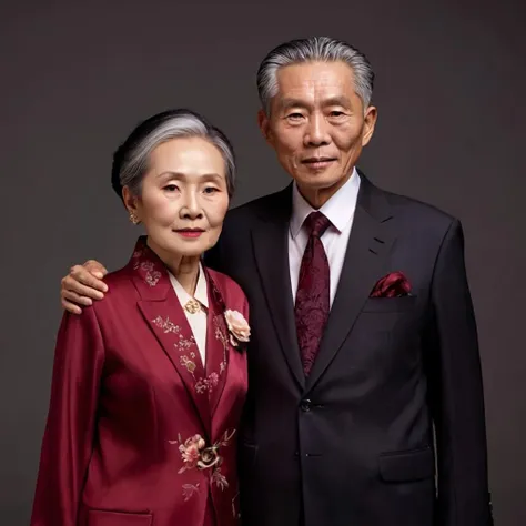 old Chinese couple in modern suit, portrait