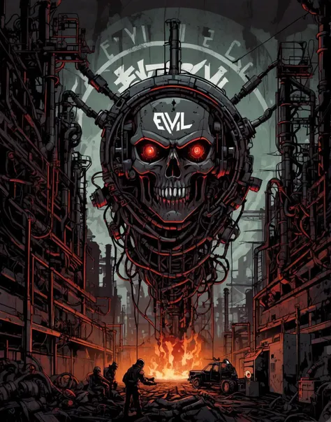 Illustration, logo for Evil corp., dystopian art, factory