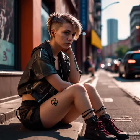 a young european woman, short hair, hairknot, sitting on sidewalk, cyberpunk city, year 3000, cinematic shot, hard shadows, Fujifilm XT3