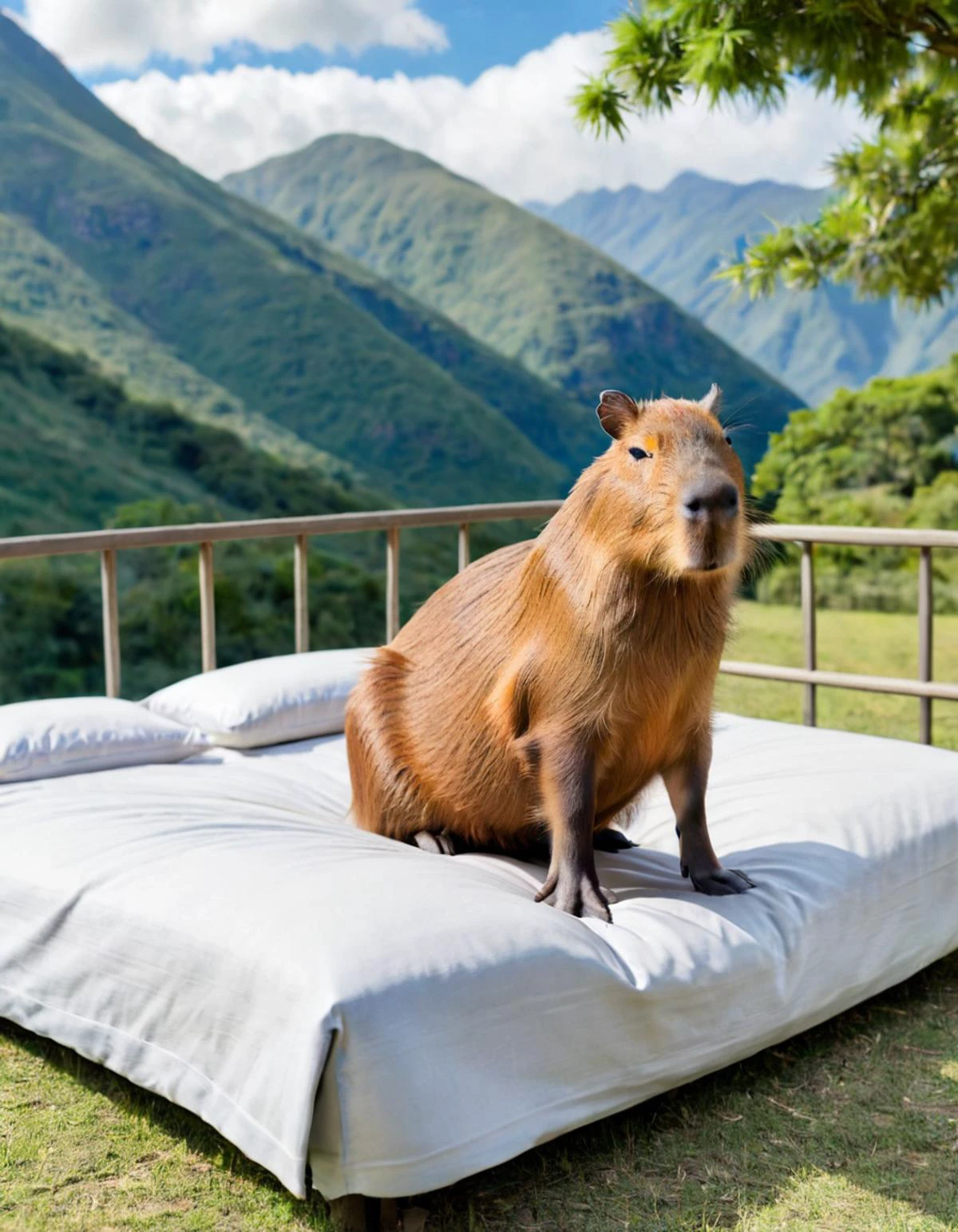 highres photo of a capybara <lora:capybara:1> on a bed outdoors